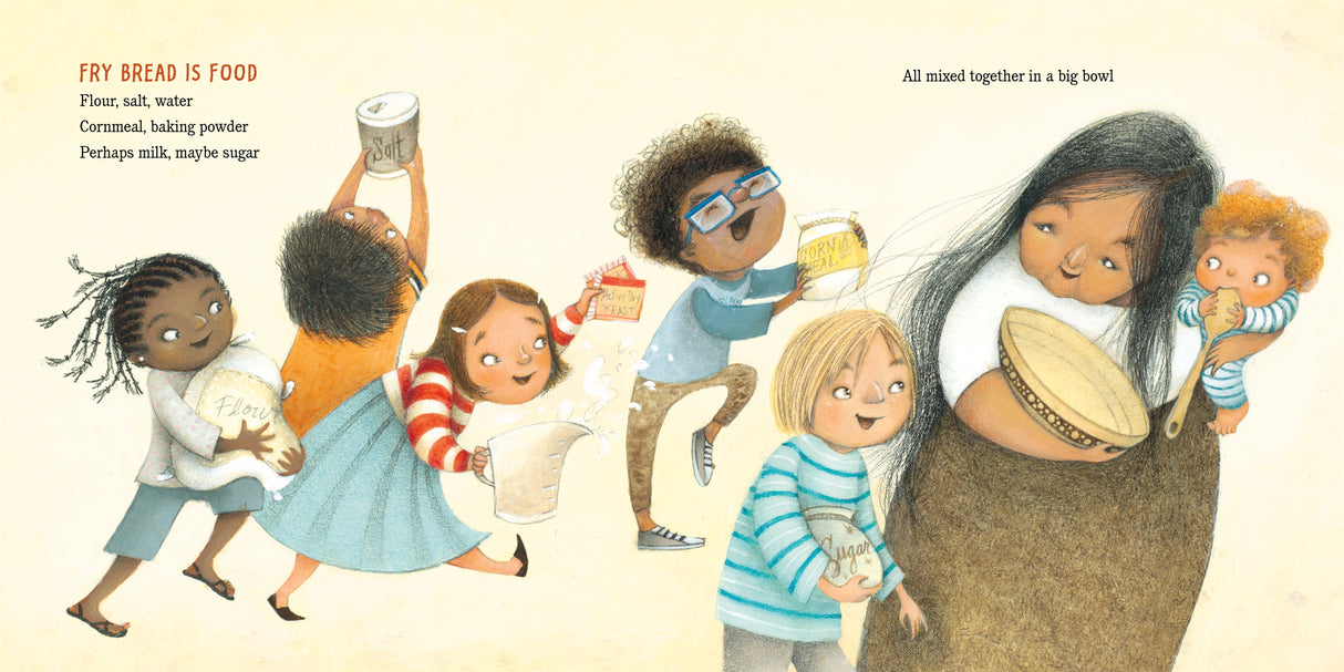 Fry Bread illustration of diverse children carrying ingredients and a woman holding a drum in a warm, lively scene.