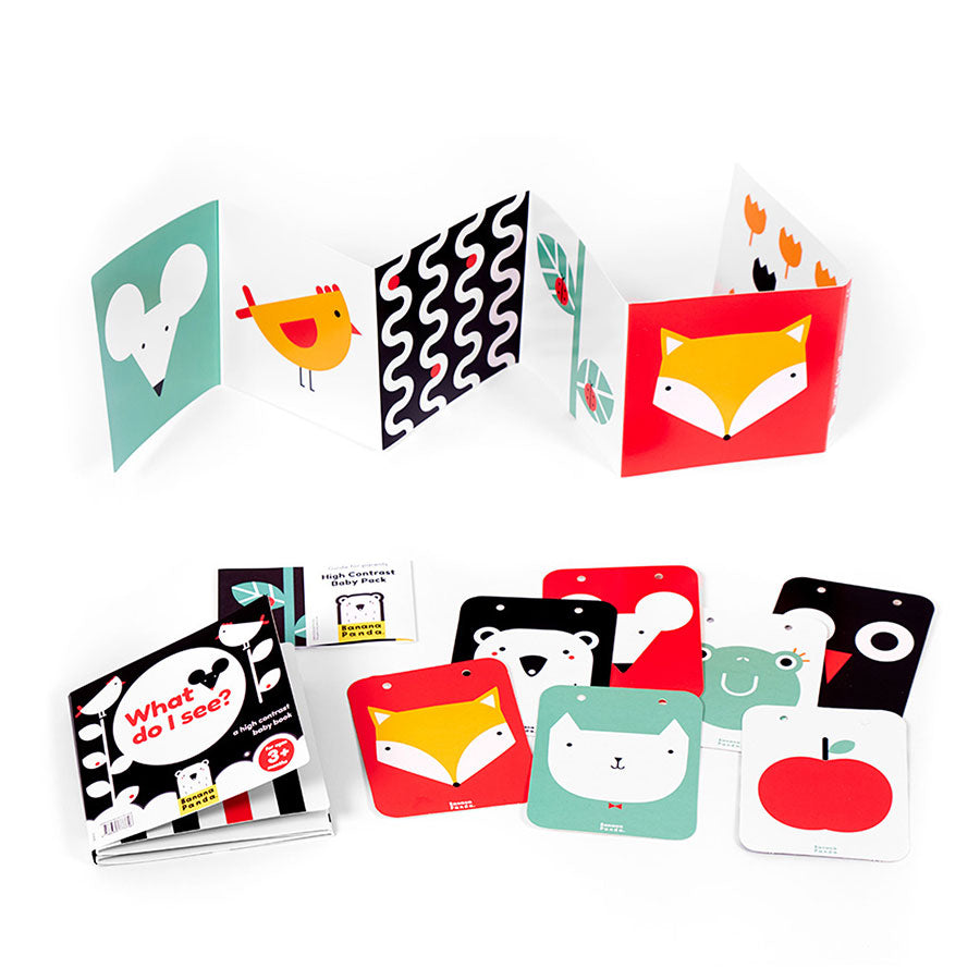 High Contrast Baby Pack with 7 double-sided cards and 2 accordion books for early visual development and parent-child bonding.