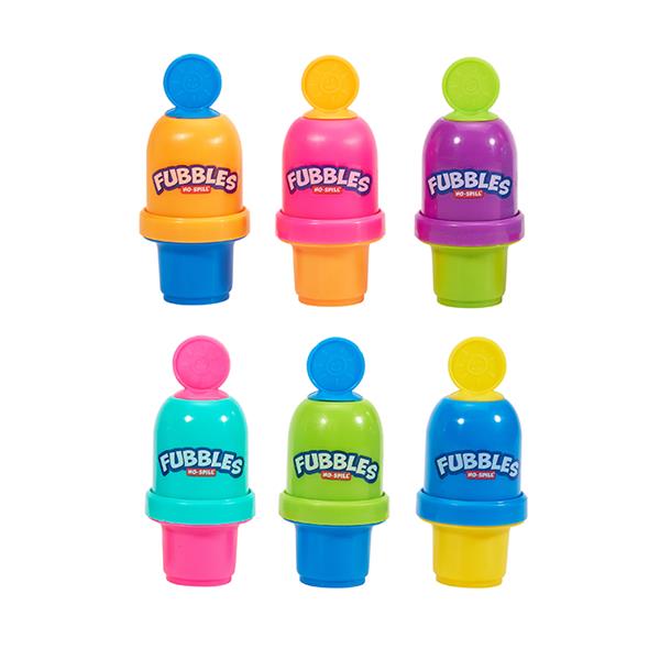 Fubbles No-Spill Bubble Tumbler Mini in assorted colors designed to prevent spills during bubble play for kids.