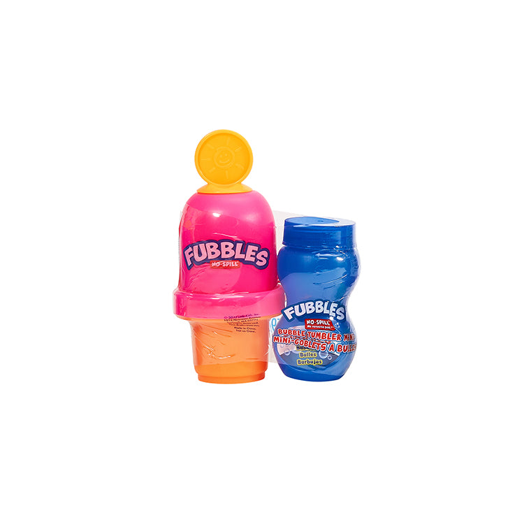 Fubbles No-Spill Bubble Tumbler Mini in pink and blue with lid and bubble solution for mess-free play.