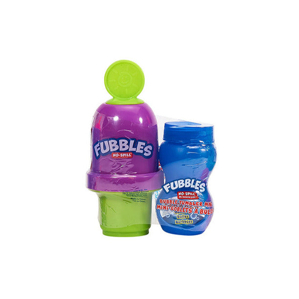 Fubbles No-Spill Bubble Tumbler Mini in purple and blue with bubble wand and non-toxic solution for mess-free play.