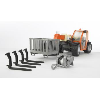 JLG 2505 Telehandler model with extendable arm, removable attachments, and detailed four-wheel steering features.