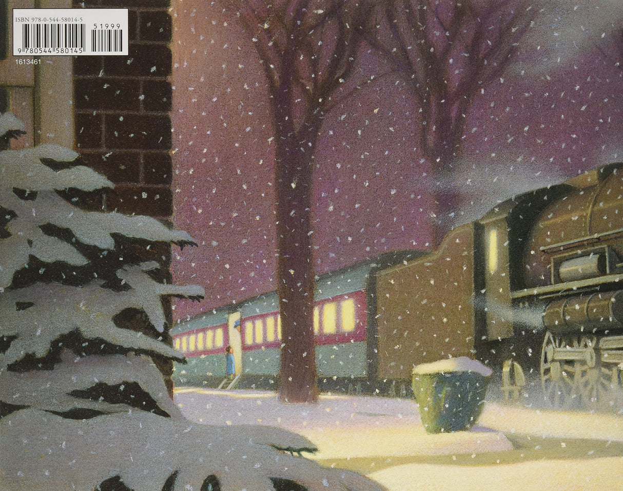 The Polar Express book cover showing a snowy night scene with a steam train approaching a station.