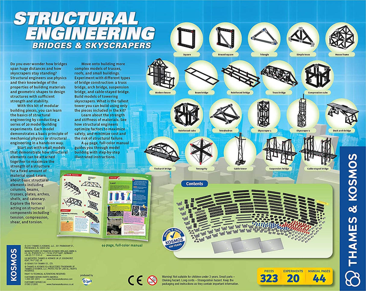 Structural Engineering kit showing modular building pieces and structures for bridges, skyscrapers, and model experiments.