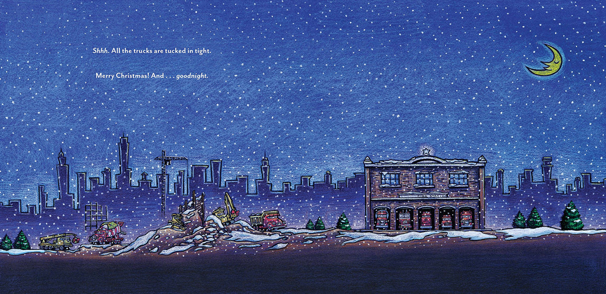 Construction Site on Christmas showing snowy night with construction trucks building a fire station under a starry sky.