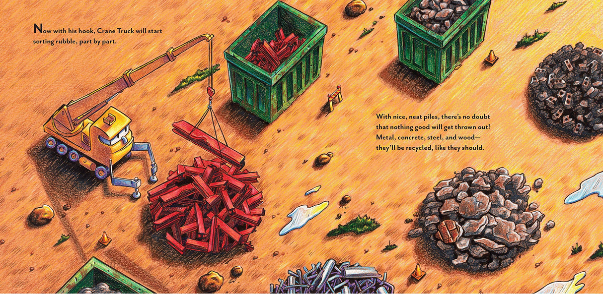 Construction Site Mission Demolition shows construction vehicles sorting and hauling debris on a demolition site.