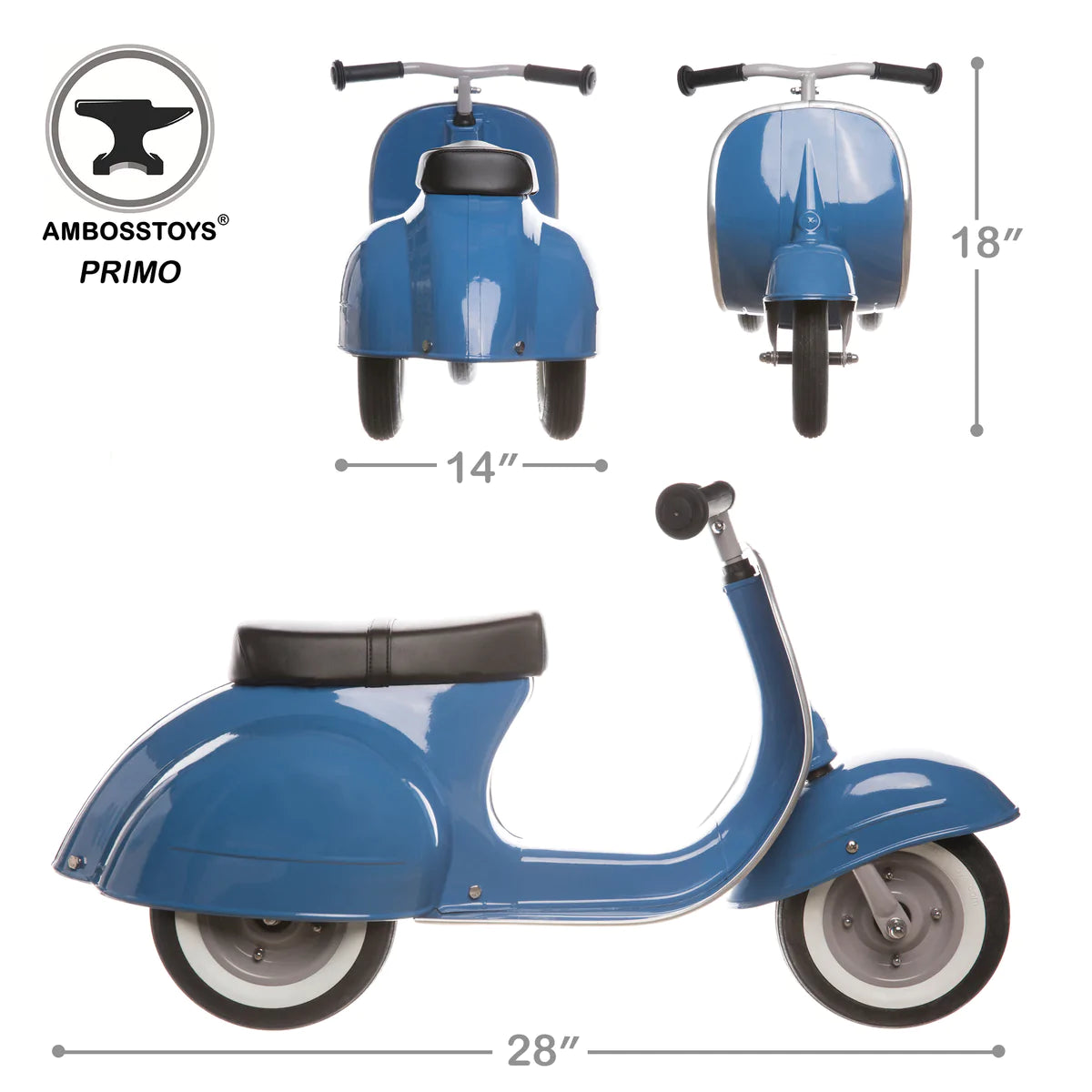Primo Ride On Blue toddler scooter with durable metal frame, powder-coated finish, and classic white wall tires profile view.