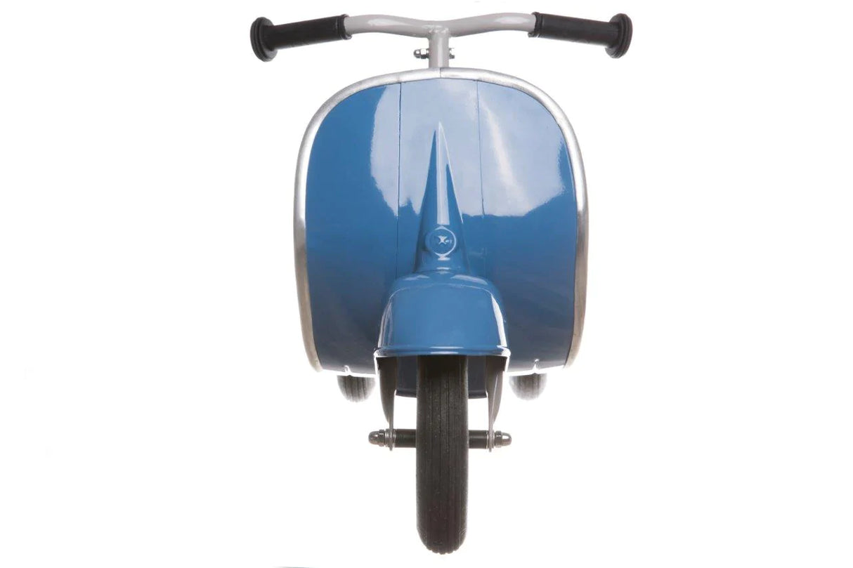 Front view of the Primo Ride On Blue toddler scooter with metal frame and black handlebars designed for ages 1-5 years.