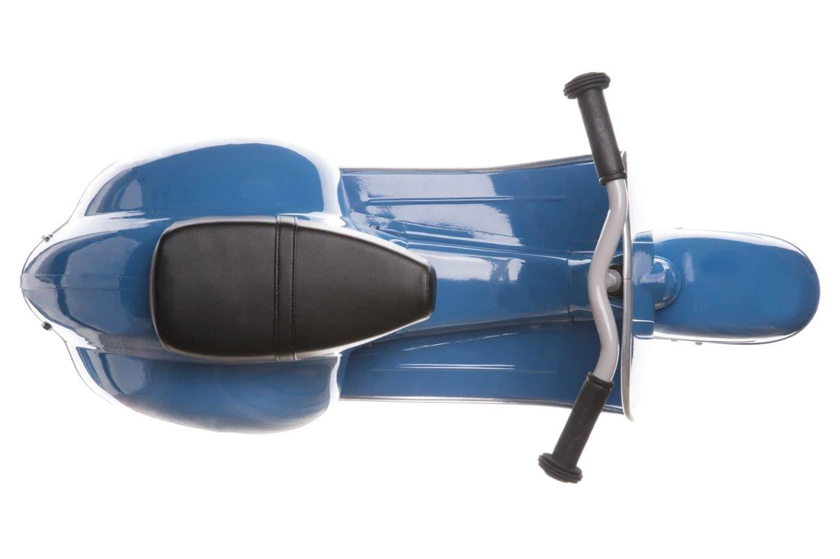 Primo Ride On Blue toddler scooter with metal frame, black cushioned seat, and grey handlebars, designed for ages 1 to 5 years.