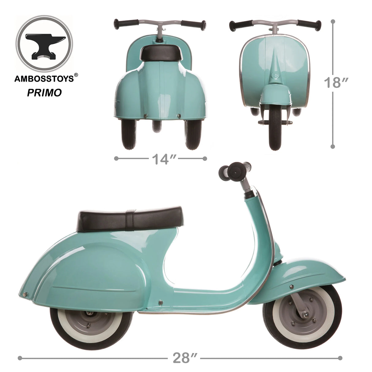 Primo Ride On Mint toddler scooter in mint green with metal frame and vintage design, perfect for ages 1 to 5 years.