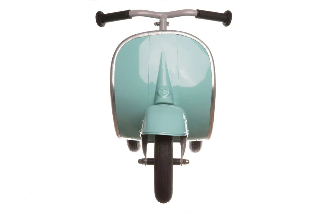 Front view of Primo Ride On Mint toddler scooter with metal frame and black handle grips