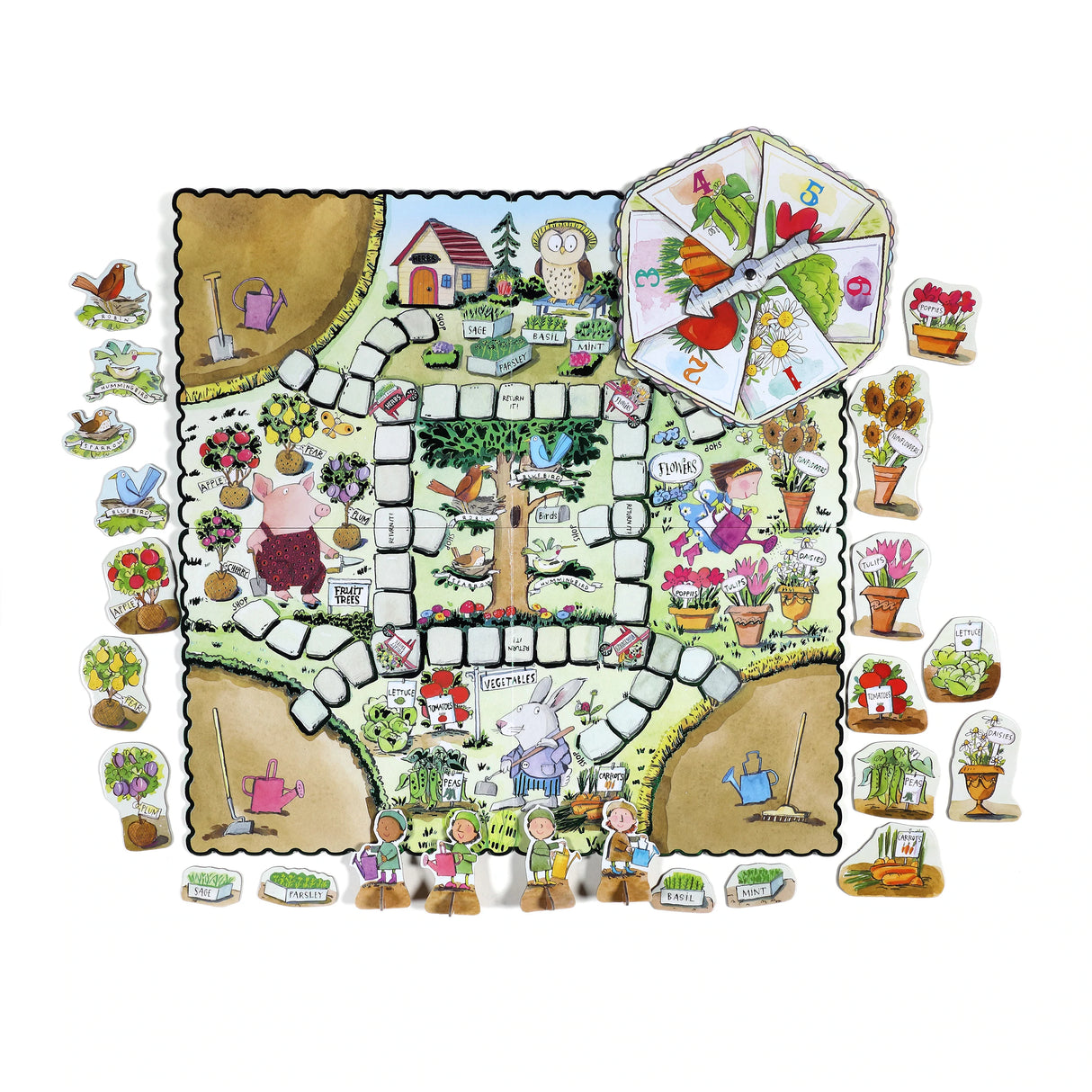 Gathering A Garden board game with colorful garden-themed pieces, spinner, and illustrated game board for family play.