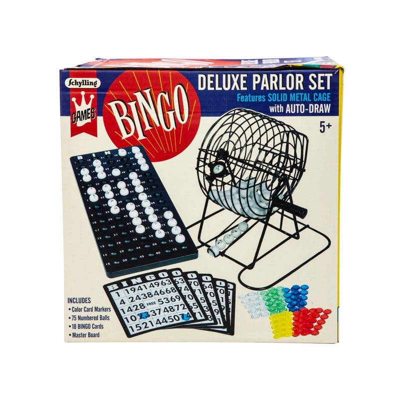 Bingo Game deluxe parlor set with metal rotary cage, bingo cards, color markers, and 75 numbered balls for ages 5 and up.
