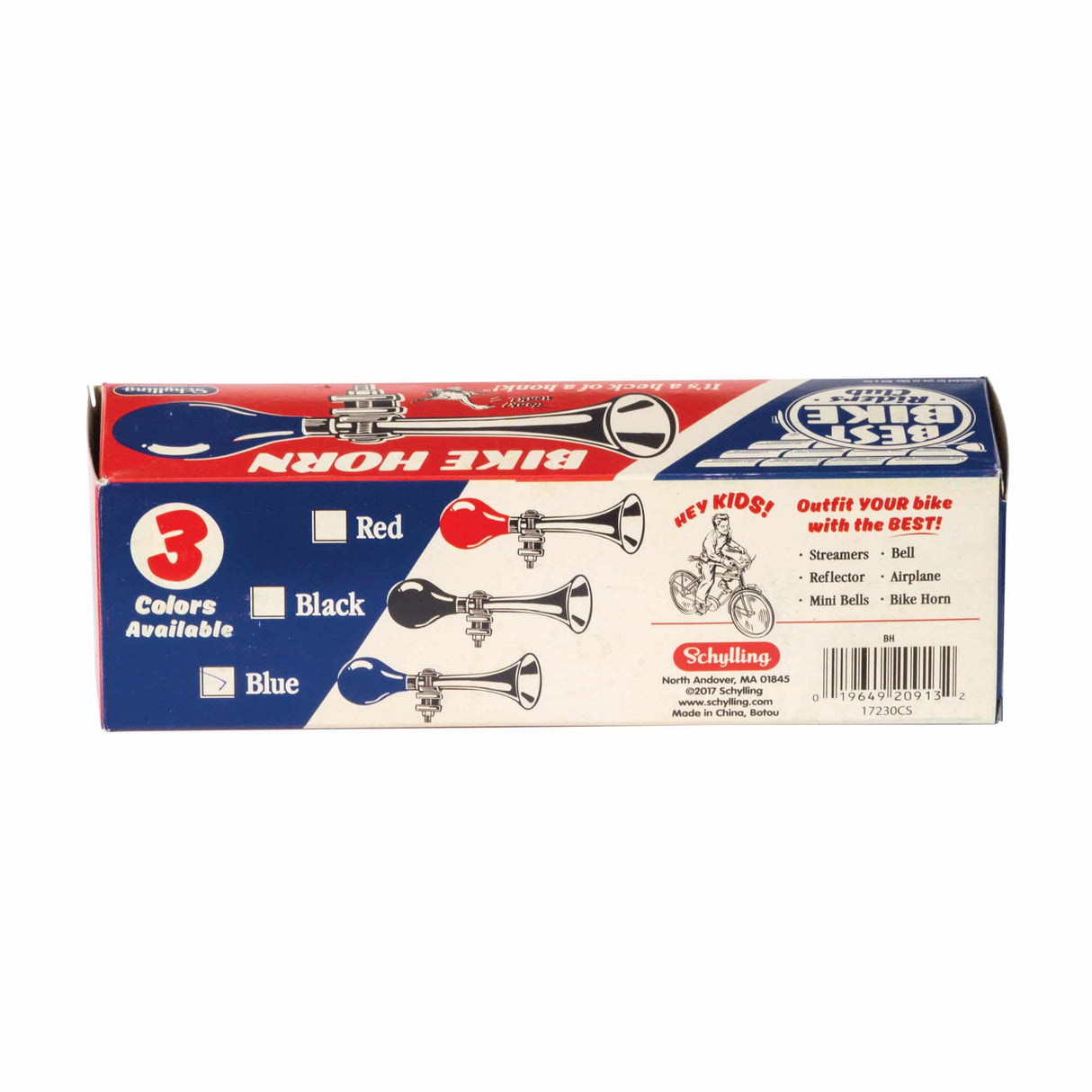 Bike Horn packaging showing three color options—red, black, and blue—with adjustable clip for easy handlebar attachment.