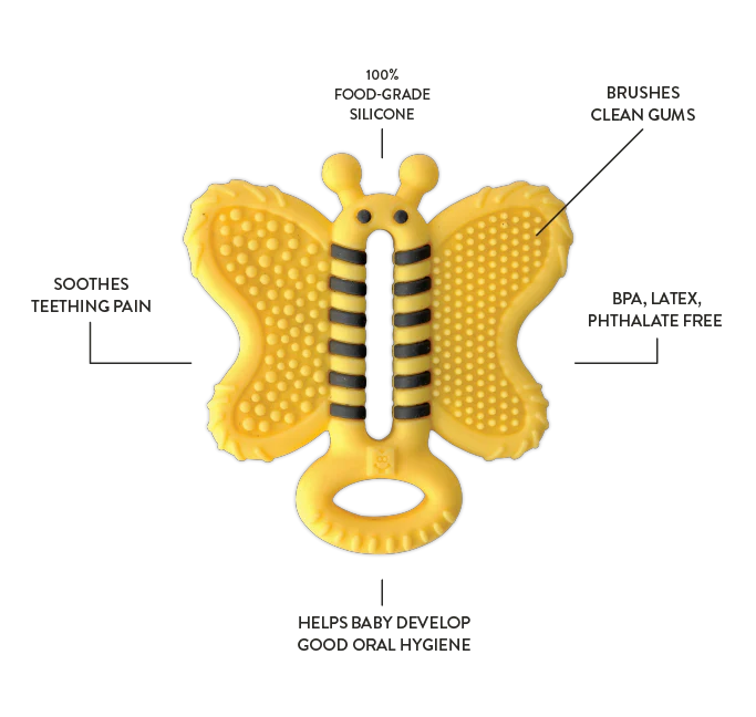 Toothbrush Teether | Bee Brush soothing silicone teether with soft bristles and textured wings for baby's gums and oral hygiene.