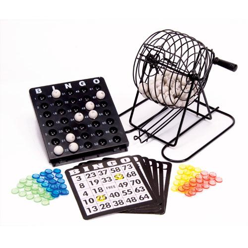 Bingo Game with metal rotary cage, bingo cards, and colorful chips for family fun and easy ball selection.