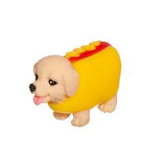 Party Puppy squishy toy dressed in a yellow hot dog costume, collectible and perfect for kids ages 5 and up.