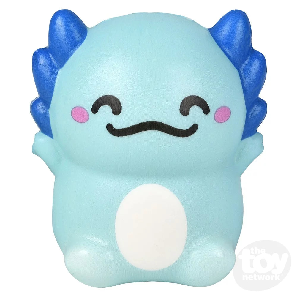 Squishy Axolotl 4in in blue with smiling face, soft and squeezable toy perfect for ages 3 and up.