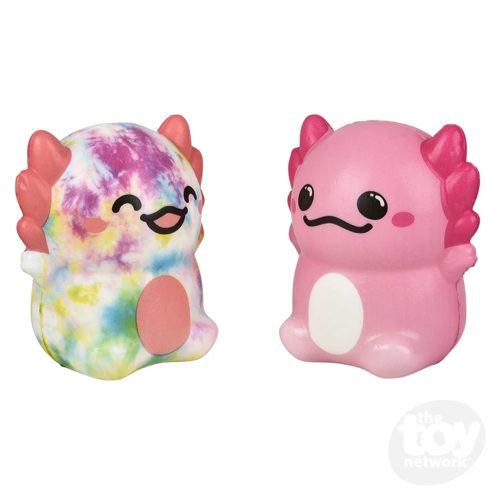 Two colorful and cute squishy friends shown in assorted styles, Squishy Axolotl 4in toys perfect for squeezing.