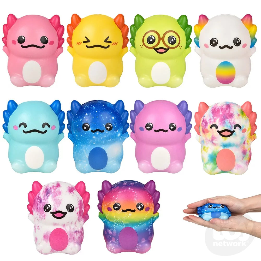Squishy Axolotl 4in assorted colorful, squeezable toys shown in various cute styles, held in hand for size reference.