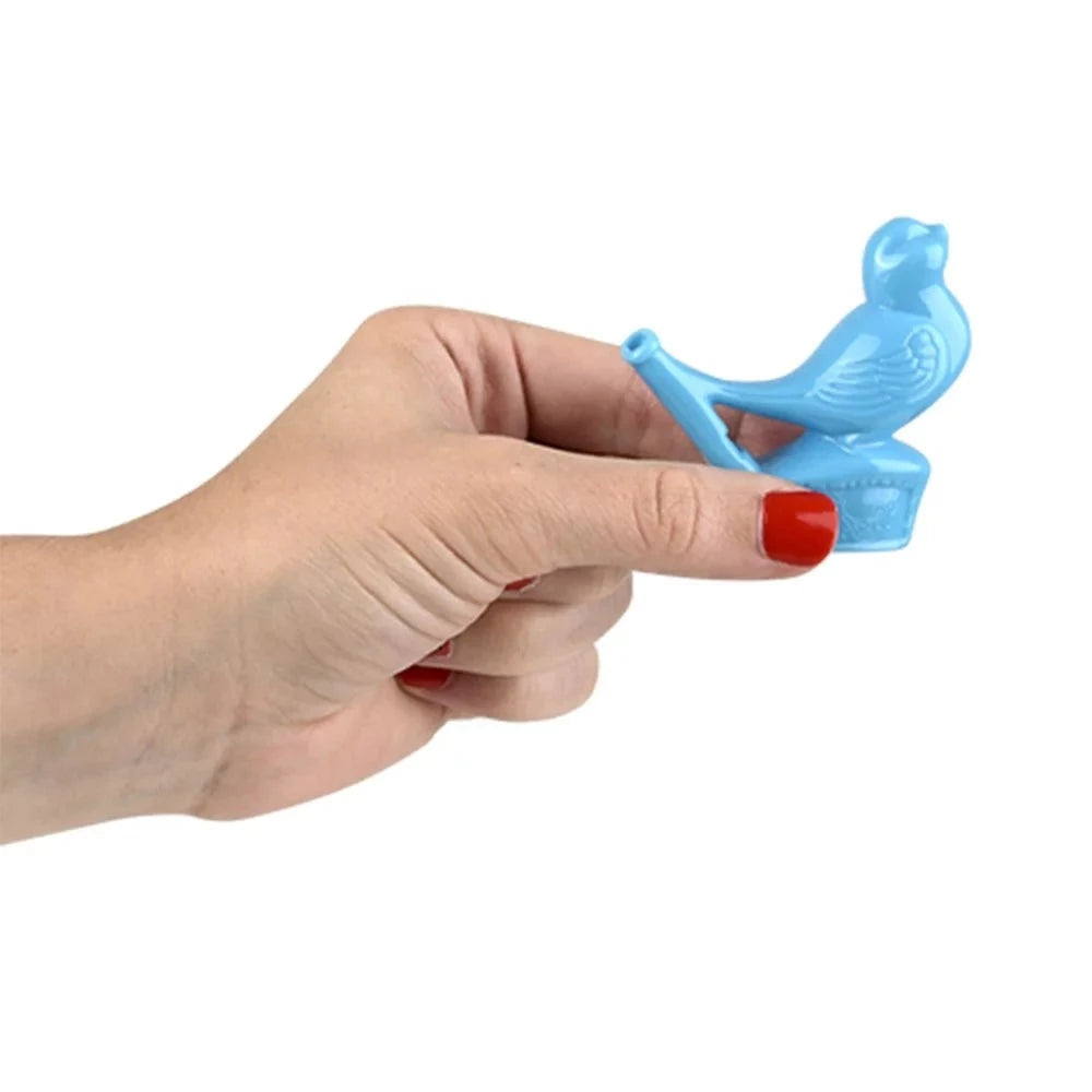 Hand holding a blue Bird Whistle toy that sings when filled with water, perfect for kids ages 3 and up.