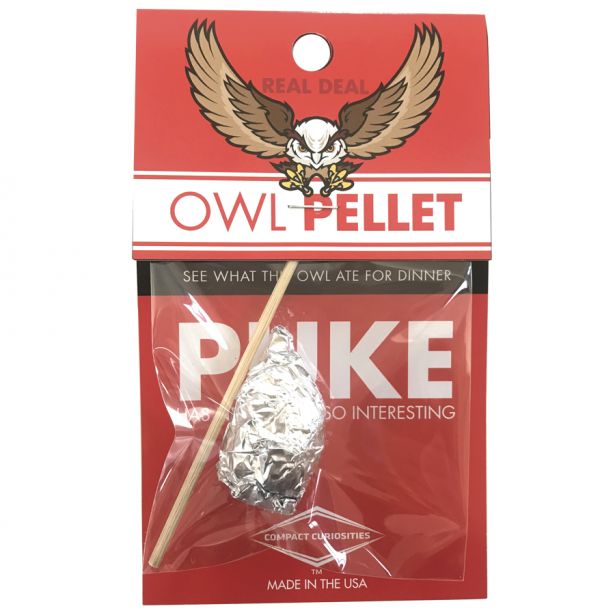 Owl Puke Pellet educational science kit with owl pellet and dissecting stick in clear packaging