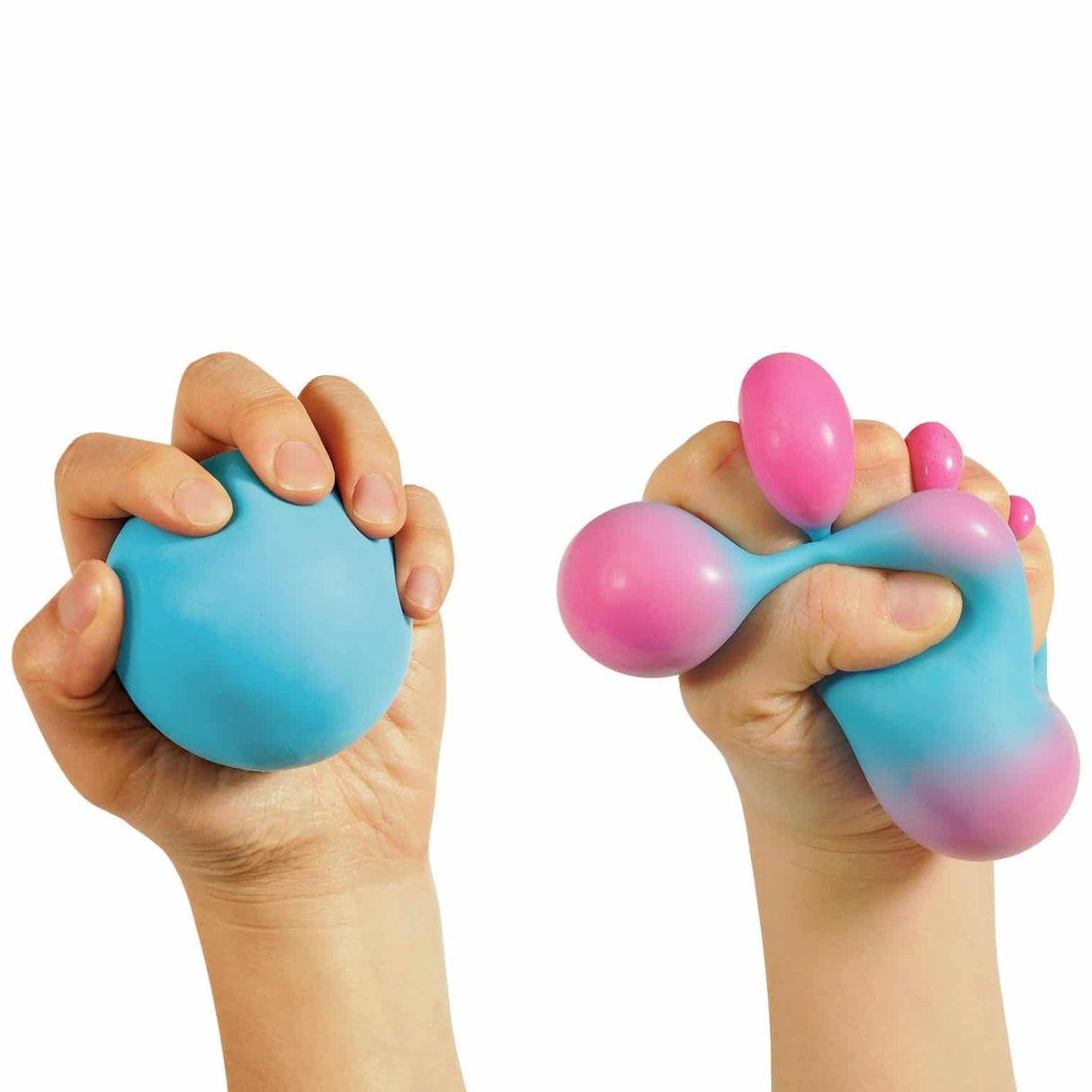 Hands squeezing and stretching the colorful fidget toy NeeDoh Color Change showing its shape-shifting and color-changing features.