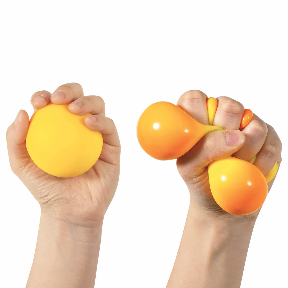 Hands squeezing and holding an orange squishy ball toy called NeeDoh Color Change fidget stress relief toy.