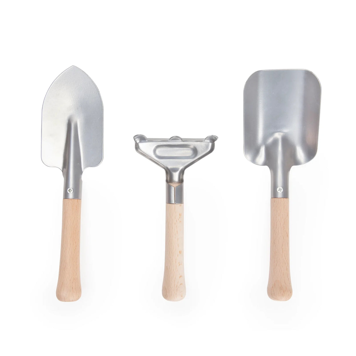 Gardening Tool Set with wooden handles and metal finish rake, spade, and shovel perfect for small gardens.