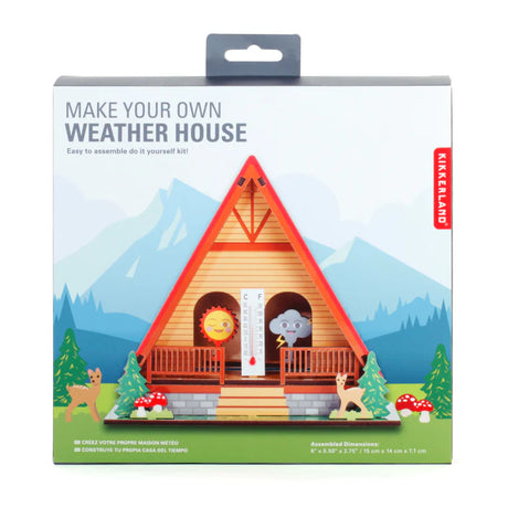 Make Your Own Weather House DIY kit with wooden house, sun and cloud weather indicators, and outdoor forest design.