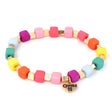 Bracelet Cube Bead Stretchy with rainbow acrylic and base metal cubes and a small heart charm on a white background.