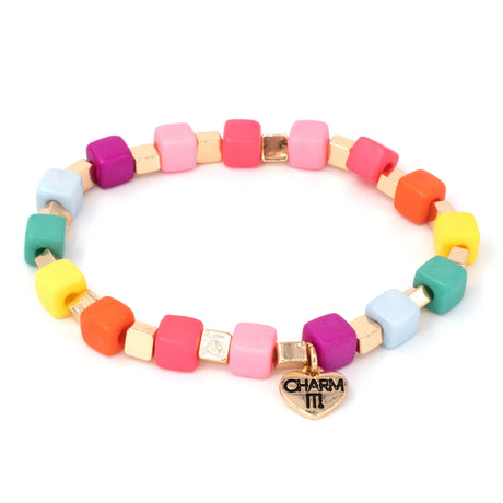 Bracelet Cube Bead Stretchy with rainbow acrylic and base metal cubes and a small heart charm on a white background.