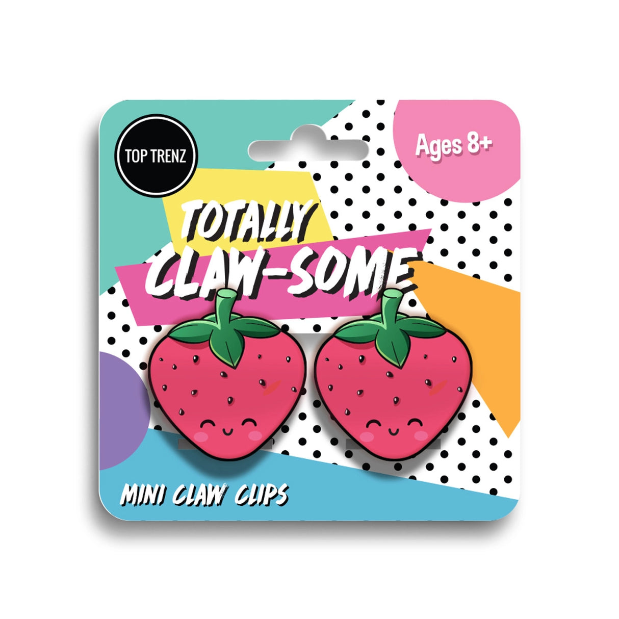 Mini Claw Clips Strawberry featuring two cute strawberry patterned hair clips for ages 8+ by Top Trenz.