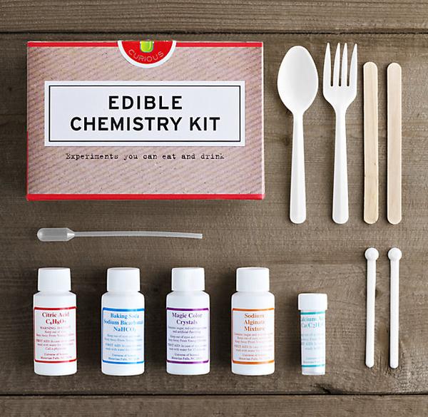 Edible Chemistry Kit with experiment ingredients, plastic utensils, and pipette for safe, edible science fun at home.