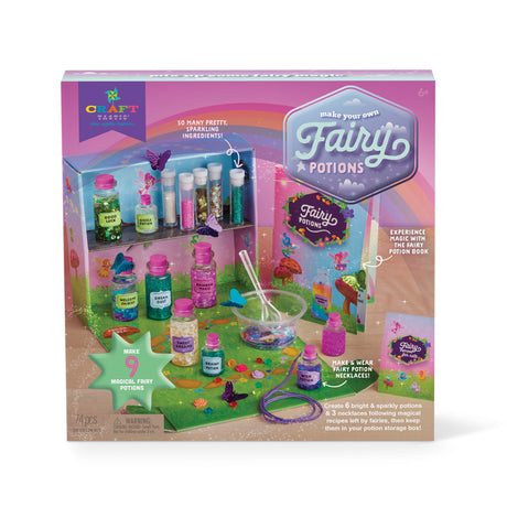 Make Your Own Fairy Potions kit with colorful bottles, glitter, potion book, and magical craft supplies for kids.