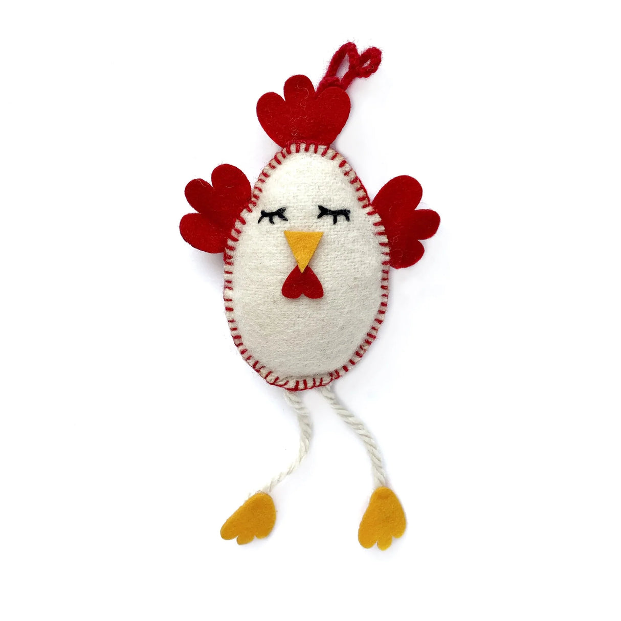 Chicken Felt Ornament with red felt details, embroidered face, and dangling yellow feet made from sheep wool and yarn.