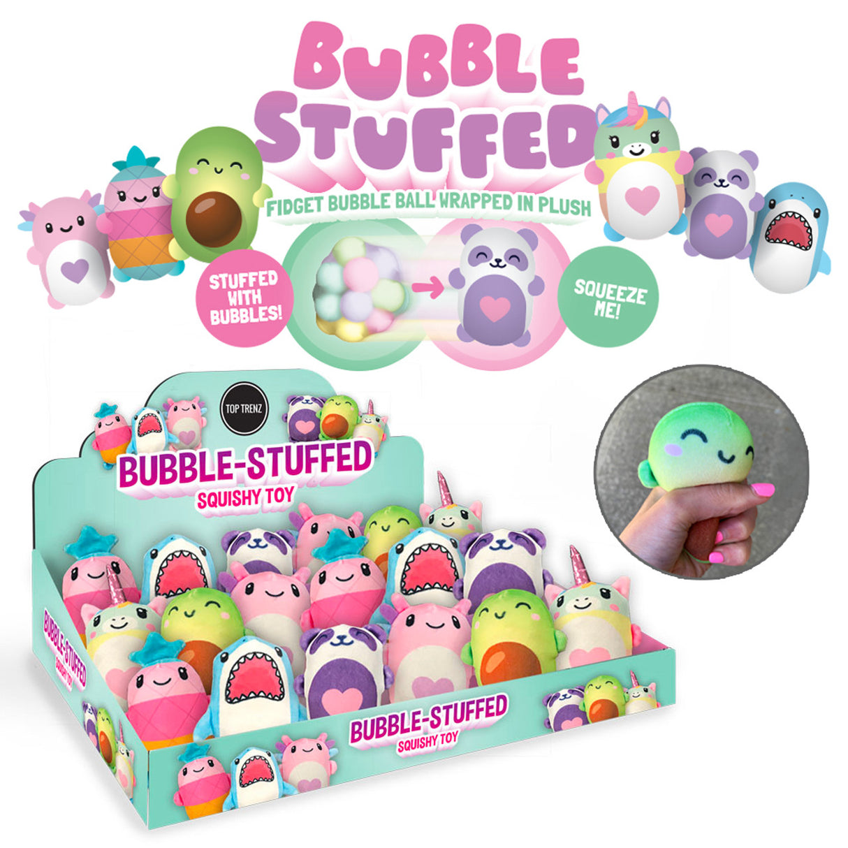 Bubble Stuffed Squishy Friend plush toys filled with squishy bubble balls for a fun tactile fidget experience.