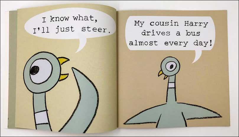 Don't Let the Pigeon Drive the Bus open book showing pigeon character speaking about driving a bus.