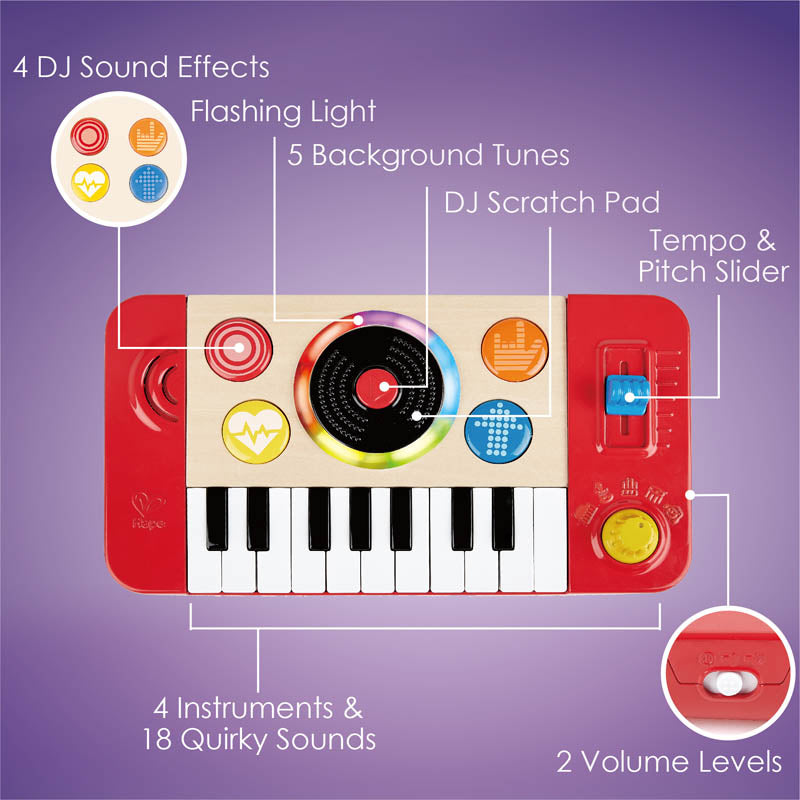 DJ Mix & Spin Studio portable DJ toy with keyboard, sound effects, scratch pad, and tempo slider for kids 12 months to 5 years.