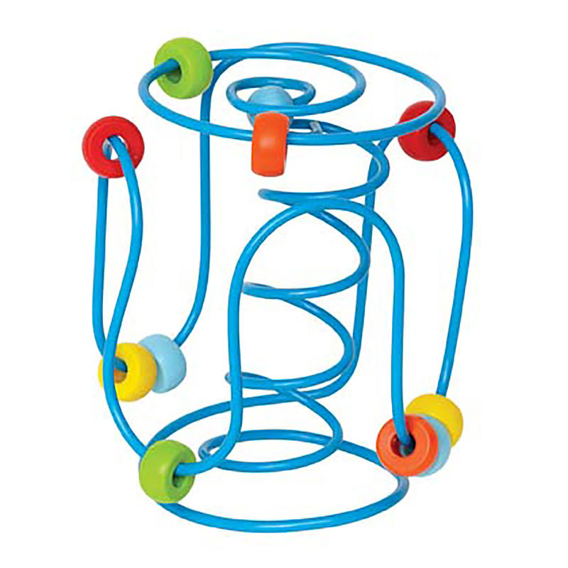 Spring A Ling toy with colorful beads sliding along blue wire maze for children aged 6 months and up.