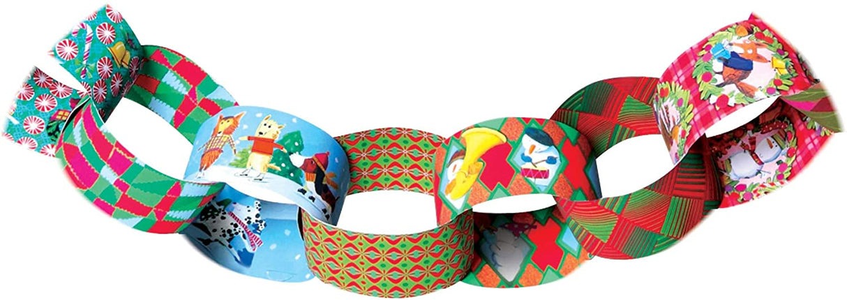 Holiday Paper Chains featuring 120 double-sided links with festive patterns, made of recycled materials, no glue needed.