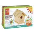 Build a Bird Bungalow kit with wooden pieces, glue, paints, and brush for kids ages 5 and up to assemble and decorate.