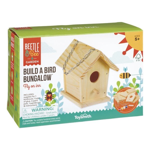 Build a Bird Bungalow kit with wooden pieces, glue, paints, and brush for kids ages 5 and up to assemble and decorate.
