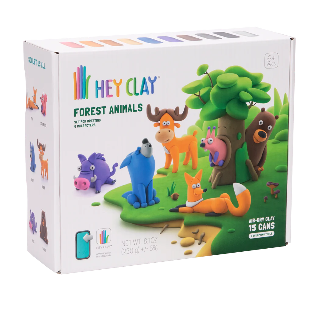 Hey Clay Forest Animals clay kit with 15 colorful cans to create six detailed forest animal figurines for kids ages 6 and up.