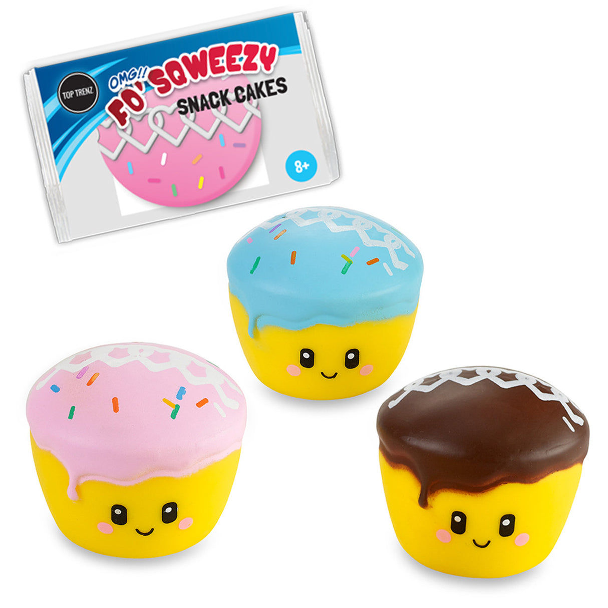OMG Fo' Squeezy Cupcake squishy toys in pink, blue, and chocolate frosting with cute smiling faces.