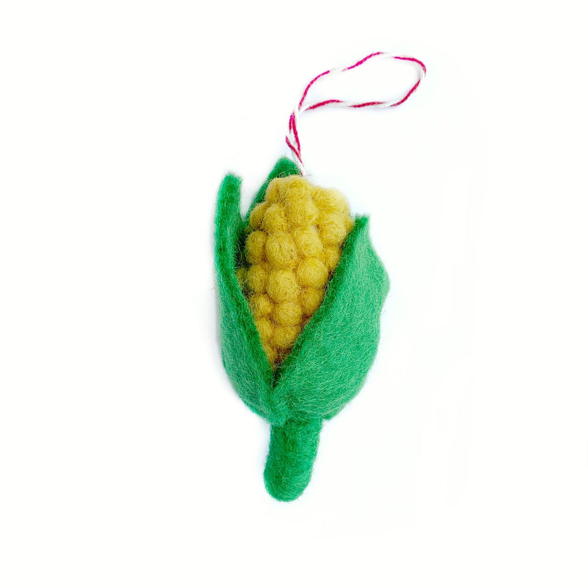 Corn Felt Ornament handmade from yellow and green sheep wool with hanging string for Christmas tree decoration.