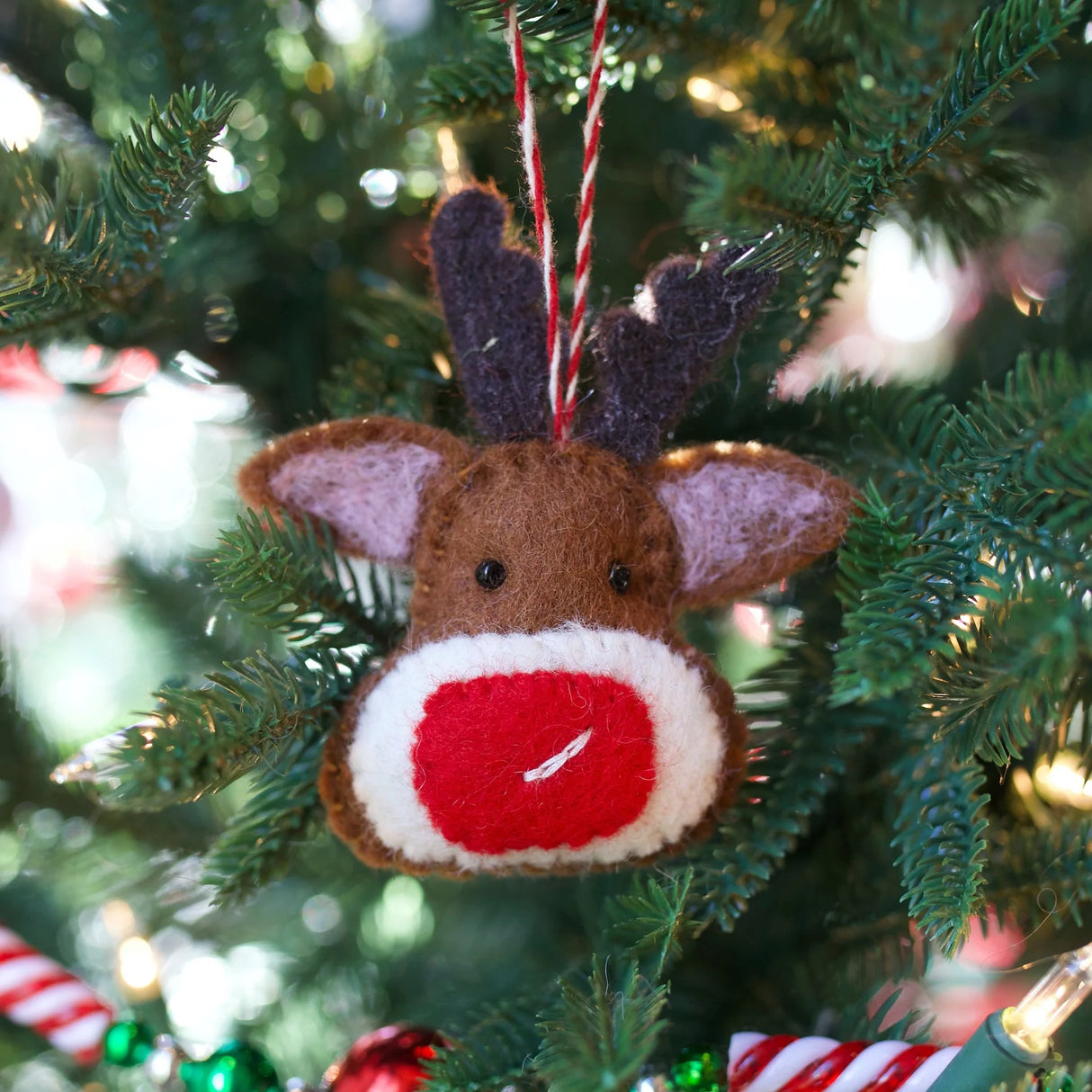 Reindeer Felt Ornament hanging on Christmas tree, handcrafted from colorful sheep wool with a red nose and dark brown antlers.