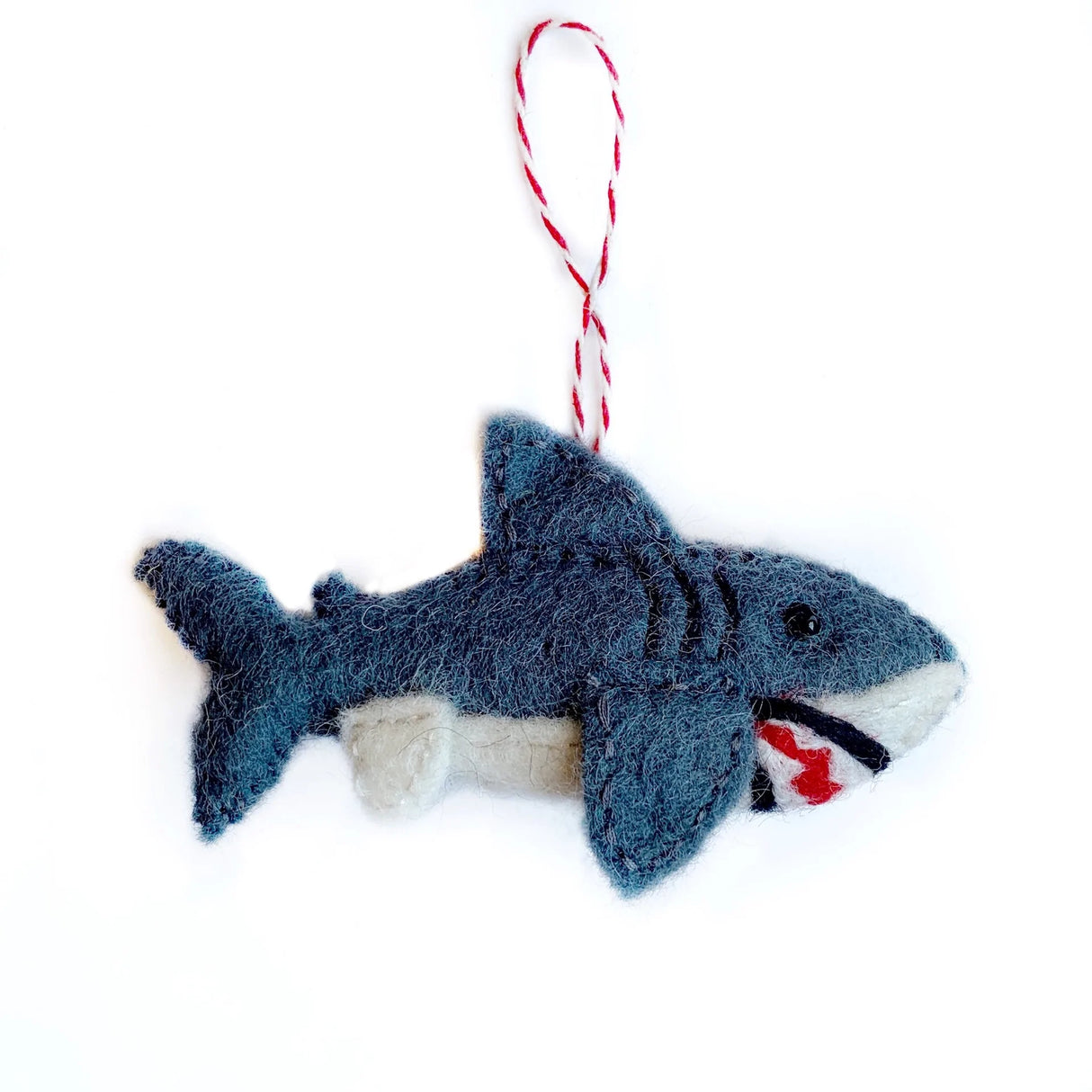 Shark Felt Ornament handmade from colorful sheep wool, featuring a charming Great White shark design for holiday decor.