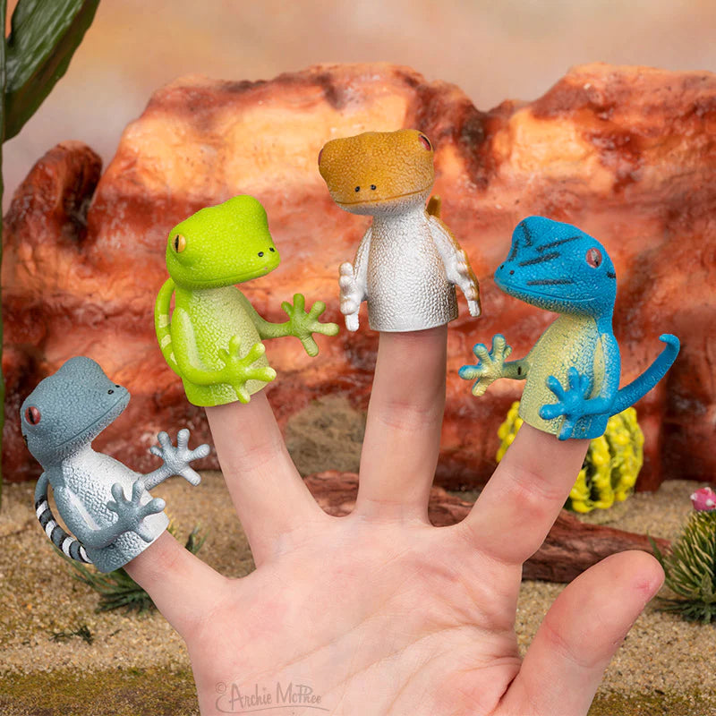 Finger Gecko finger puppets on each finger in various colors, soft vinyl lizard toys for playful fun.