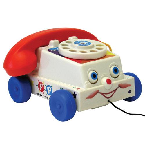 Fisher Price Chatter Phone with red handset, classic rotary dial, blue wheels, and friendly face for toddlers ages 1 and up.